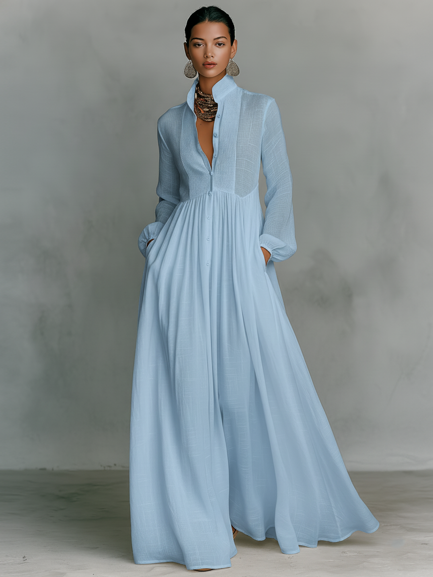 Women's Cotton And Linen Patchwork Single-breasted Stand-up Collar Long-sleeved Maxi Dress