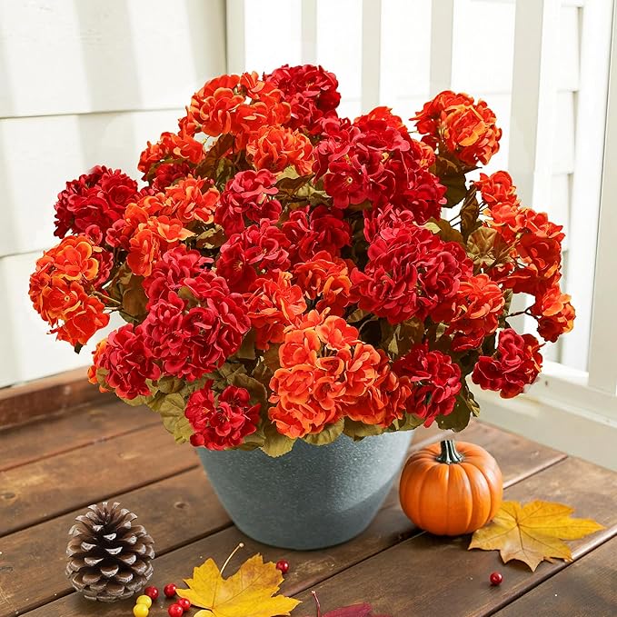 Artificial Geranium Fake Flowers for Outdoors Decoration, 6 Bundles Silk Geraniums Pink Flower UV Resistant Look Real Faux Plants for Outside Planter Front Door Garden Porch Patio Balcony Yard Home