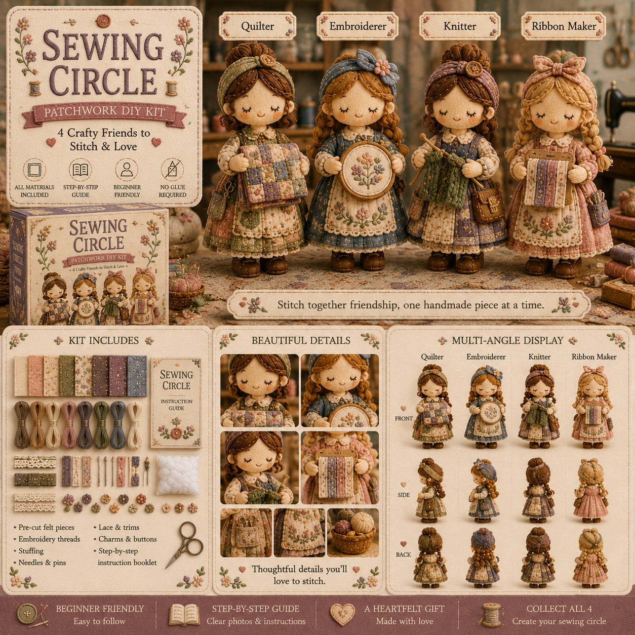 Tiny Patchwork Friends DIY Kit – Beginner-Friendly Sewing Craft Kit