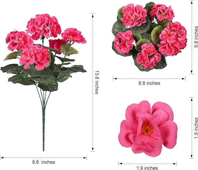 Artificial Geranium Fake Flowers for Outdoors Decoration, 6 Bundles Silk Geraniums Pink Flower UV Resistant Look Real Faux Plants for Outside Planter Front Door Garden Porch Patio Balcony Yard Home