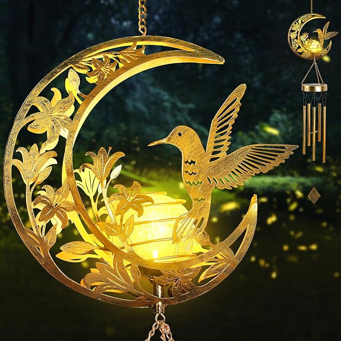Vintage Hummingbird Moon Solar Light, Metal Art Decor for Outdoor Garden, Patio, Yard
