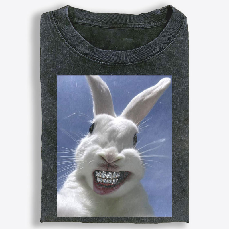 Diamond Teeth Rabbit Retro Washed T-Shirt | 100% Cotton | Streetwear Essential