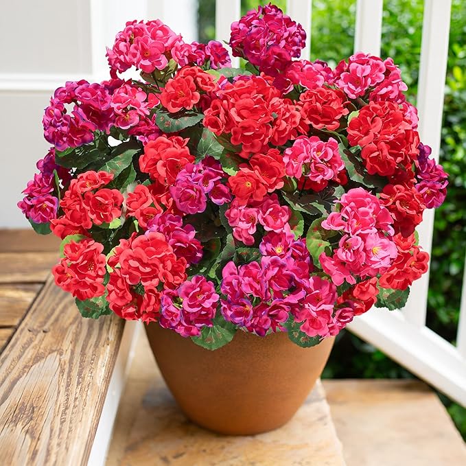 Artificial Geranium Fake Flowers for Outdoors Decoration, 6 Bundles Silk Geraniums Pink Flower UV Resistant Look Real Faux Plants for Outside Planter Front Door Garden Porch Patio Balcony Yard Home