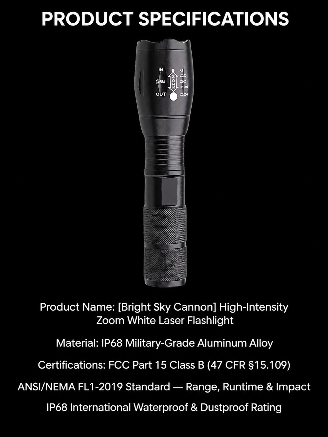 【Ultra Bright Sky Cannon】High Power Zoomable White Laser Flashlight- 20,000 lumens, hyper-focused beam