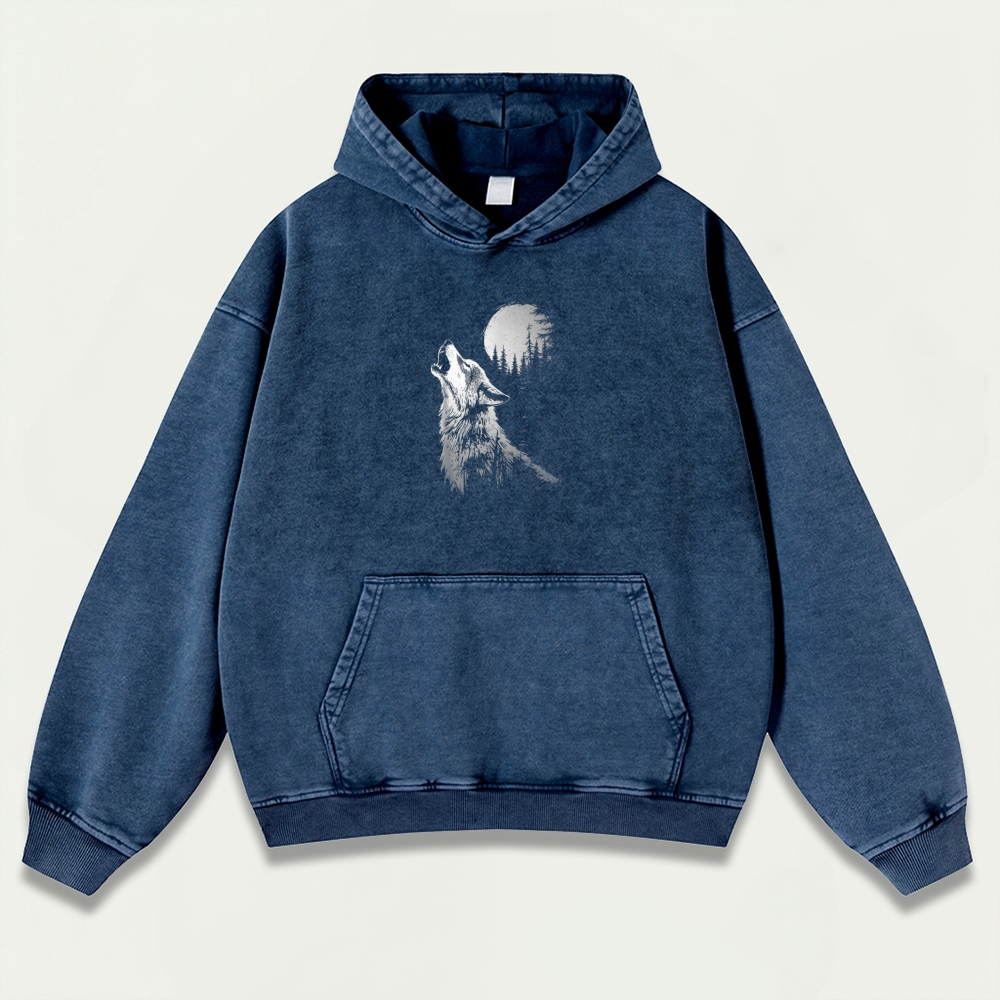 Wolf Howl Forest Vintage Premium Heavyweight Hiking Hoodie-HikeVista