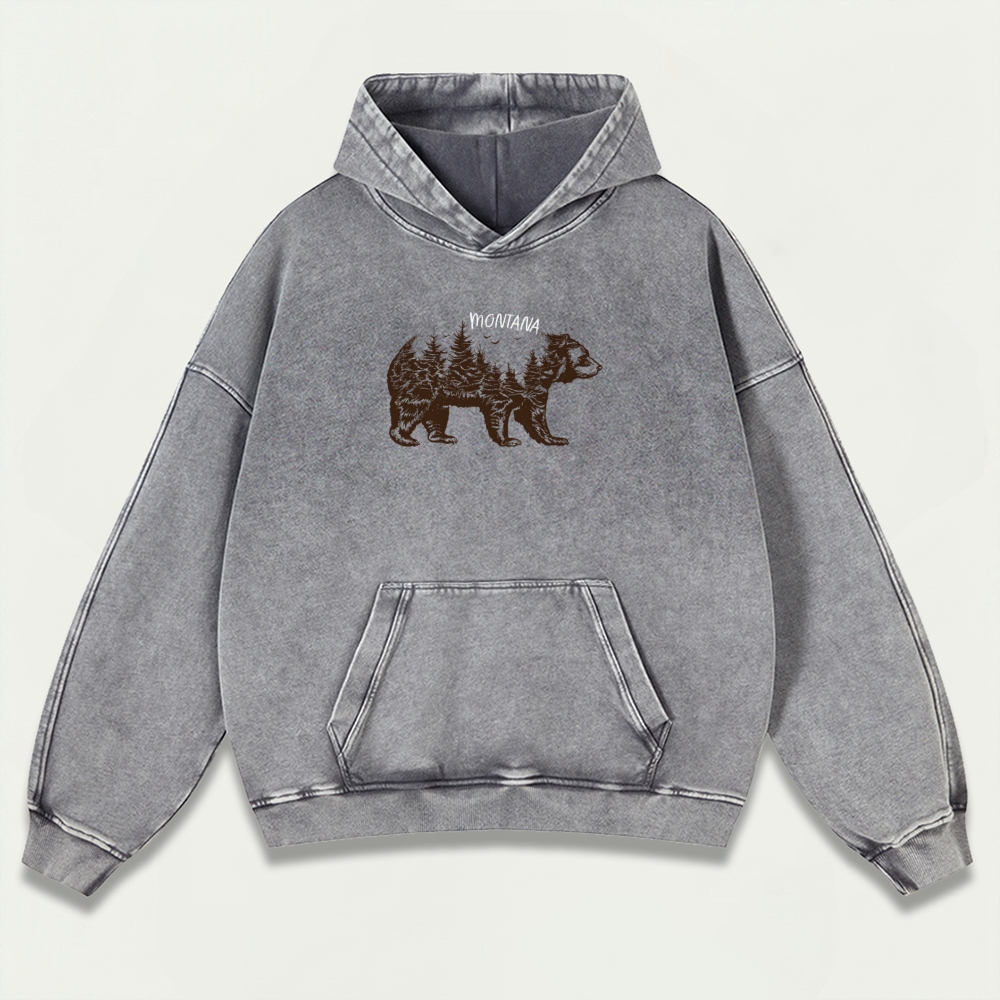Montana Bear In The Woods Vintage Premium Heavyweight Hiking Hoodie-HikeVista