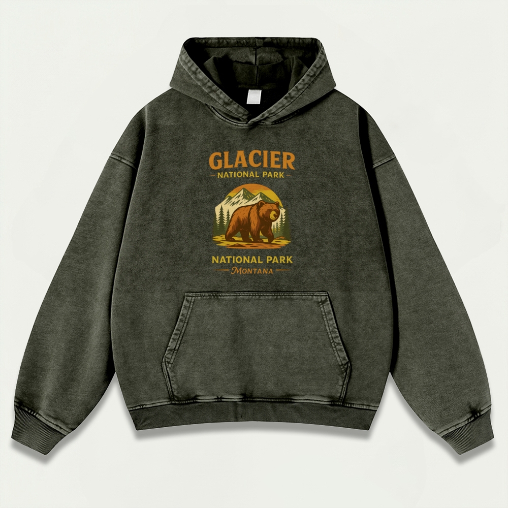 Glacier National Park Vintage Premium Heavyweight Bear Hoodie-HikeVista