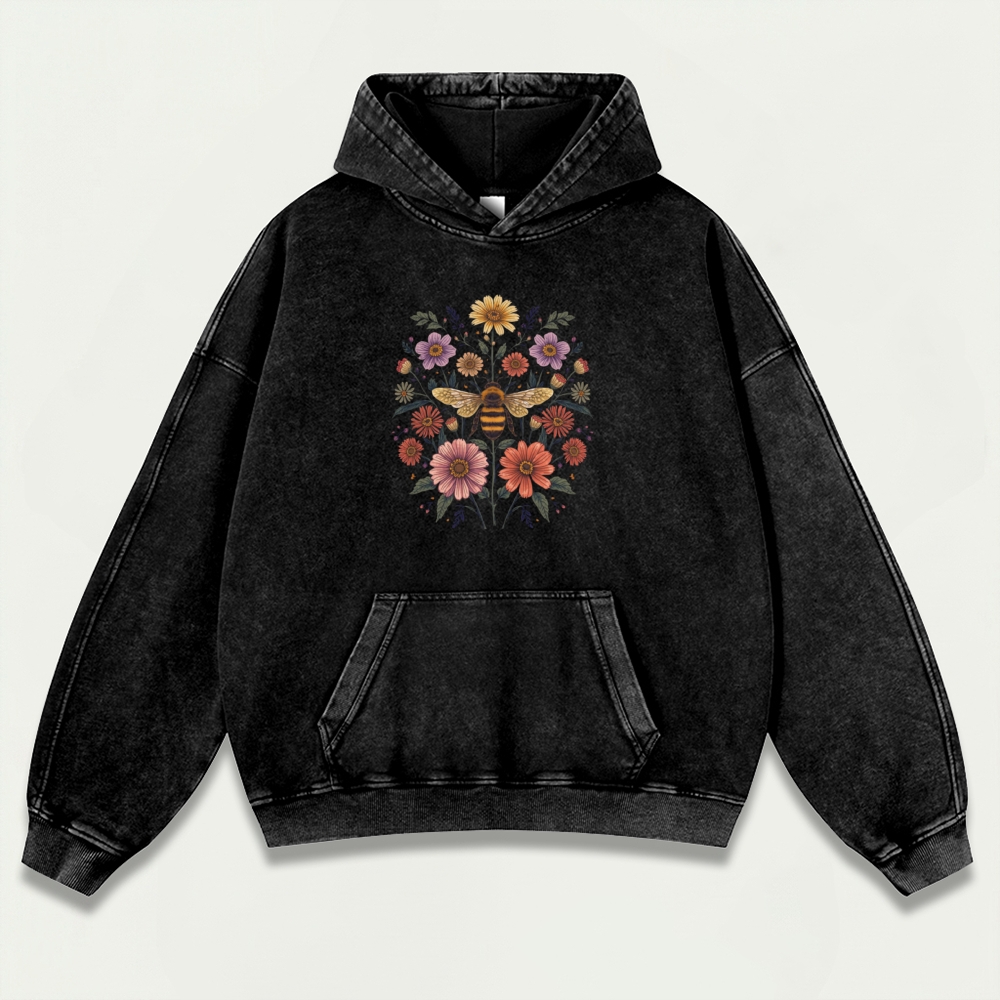 Bee Flowers Vintage Premium Heavyweight Plant Hoodie-HikeVista