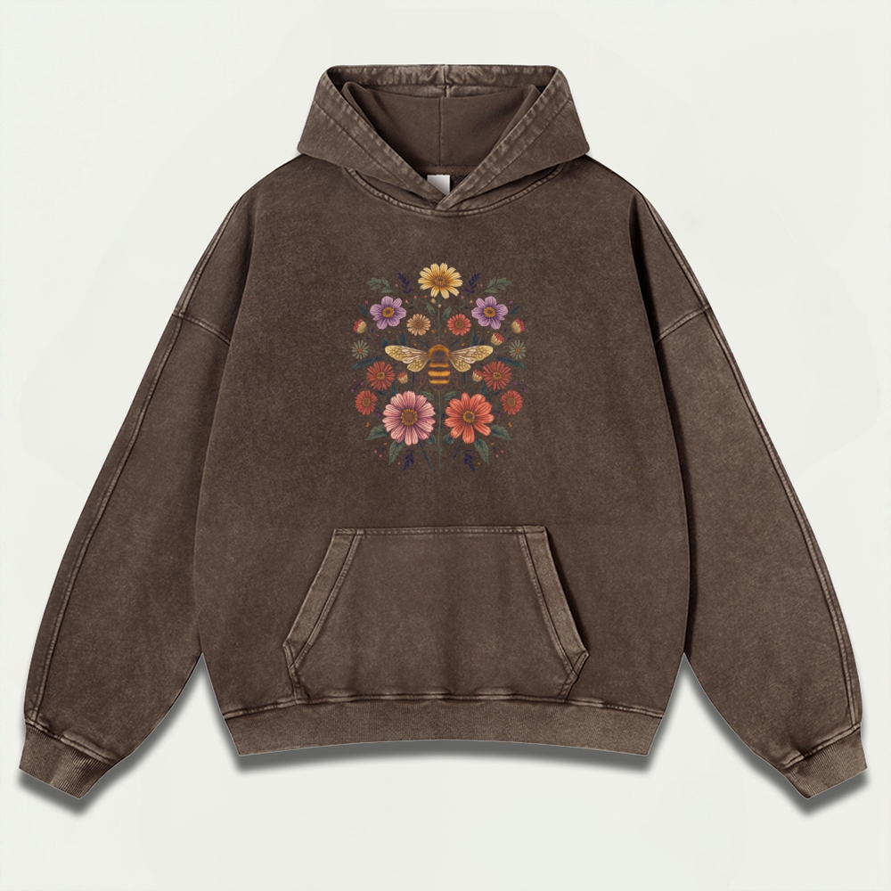 Bee Flowers Vintage Premium Heavyweight Plant Hoodie-HikeVista
