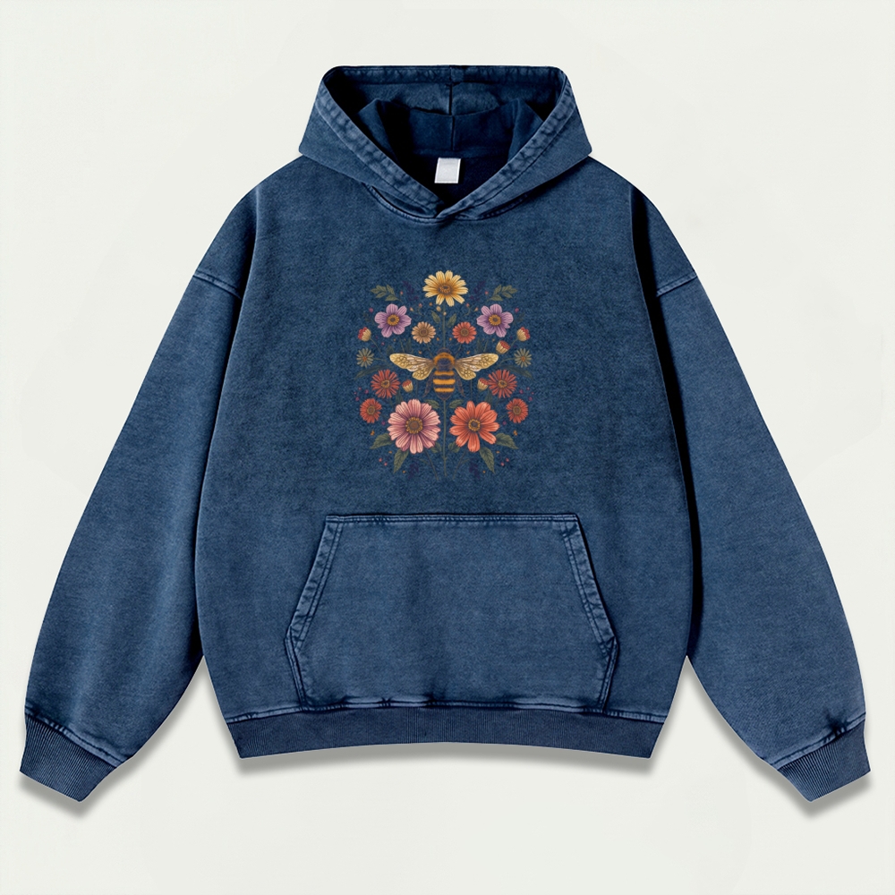 Bee Flowers Vintage Premium Heavyweight Plant Hoodie-HikeVista