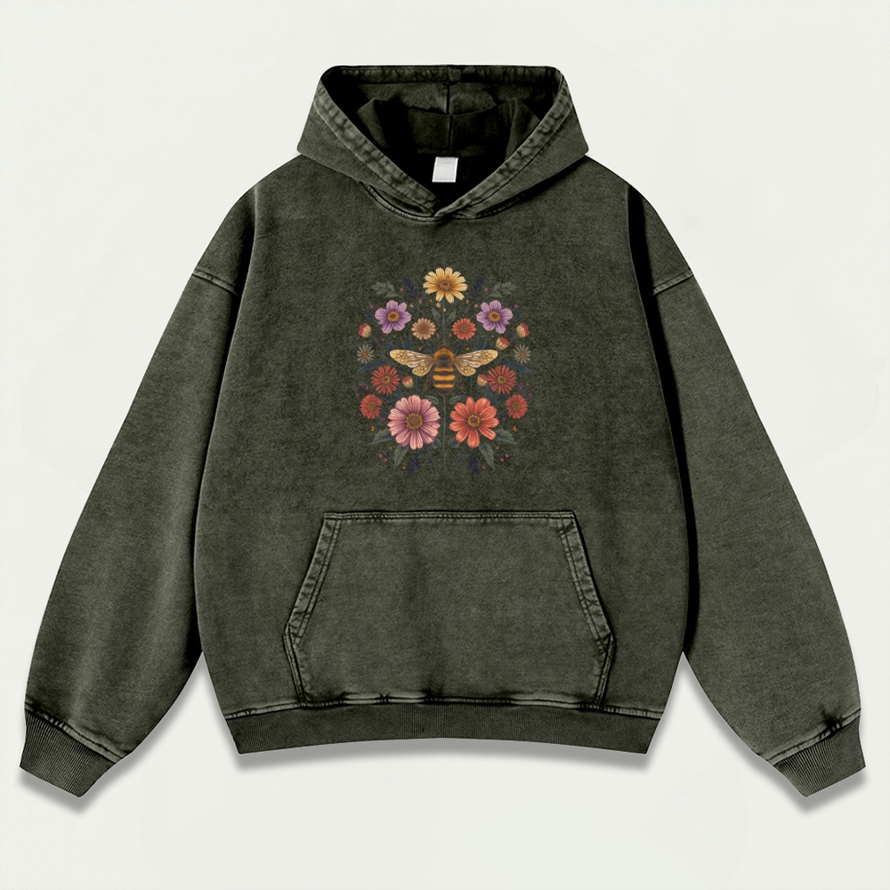 Bee Flowers Vintage Premium Heavyweight Plant Hoodie-HikeVista