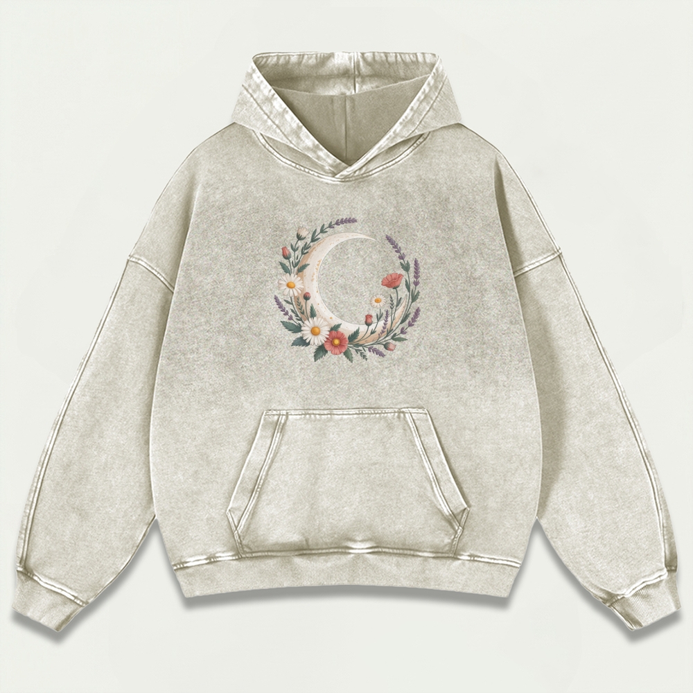 Moon Flowers Vintage Premium Heavyweight Hiking Hoodie-HikeVista