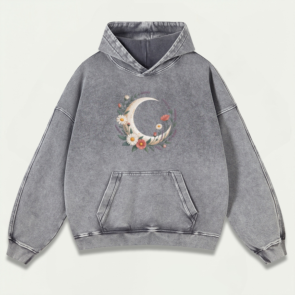Moon Flowers Vintage Premium Heavyweight Hiking Hoodie-HikeVista