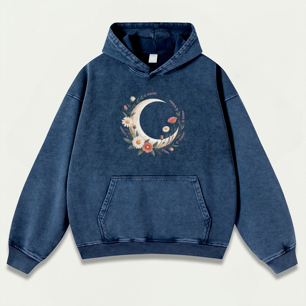 Moon Flowers Vintage Premium Heavyweight Hiking Hoodie-HikeVista