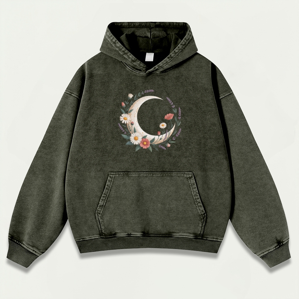 Moon Flowers Vintage Premium Heavyweight Hiking Hoodie-HikeVista