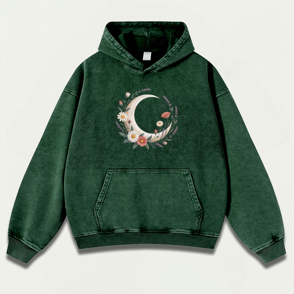 Moon Flowers Vintage Premium Heavyweight Hiking Hoodie-HikeVista