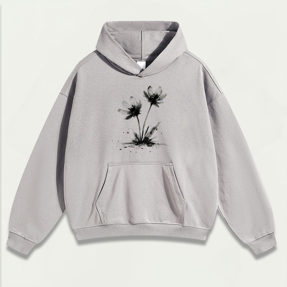 Wildflower Black White Heavyweight Plant Hoodie-HikeVista