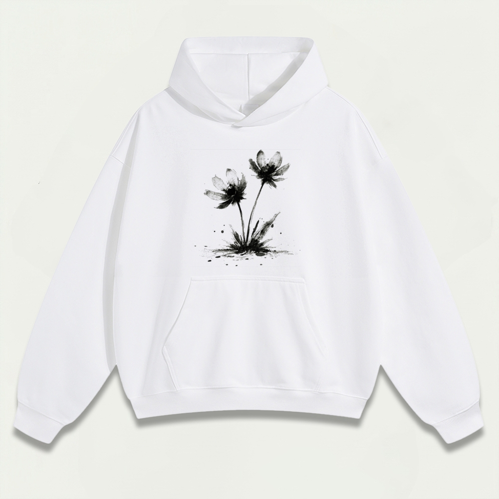 Wildflower Black White Heavyweight Plant Hoodie-HikeVista