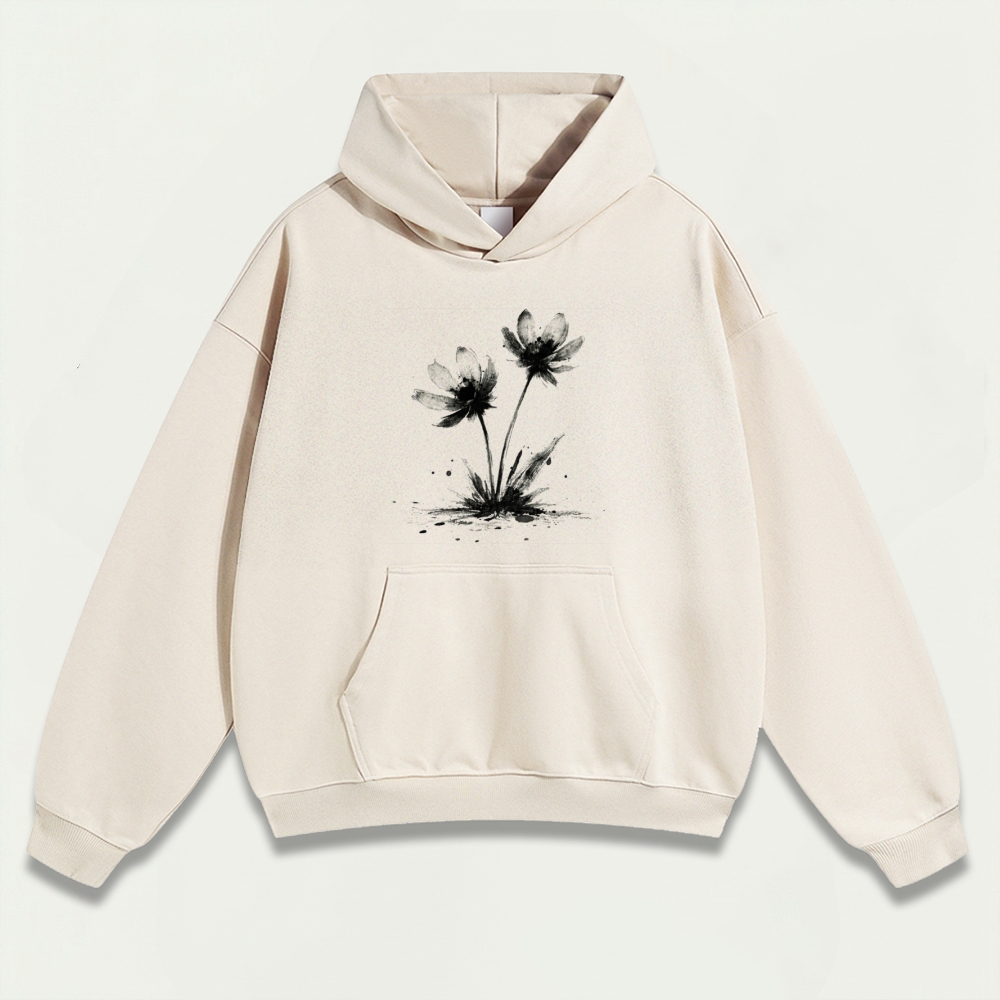 Wildflower Black White Heavyweight Plant Hoodie-HikeVista