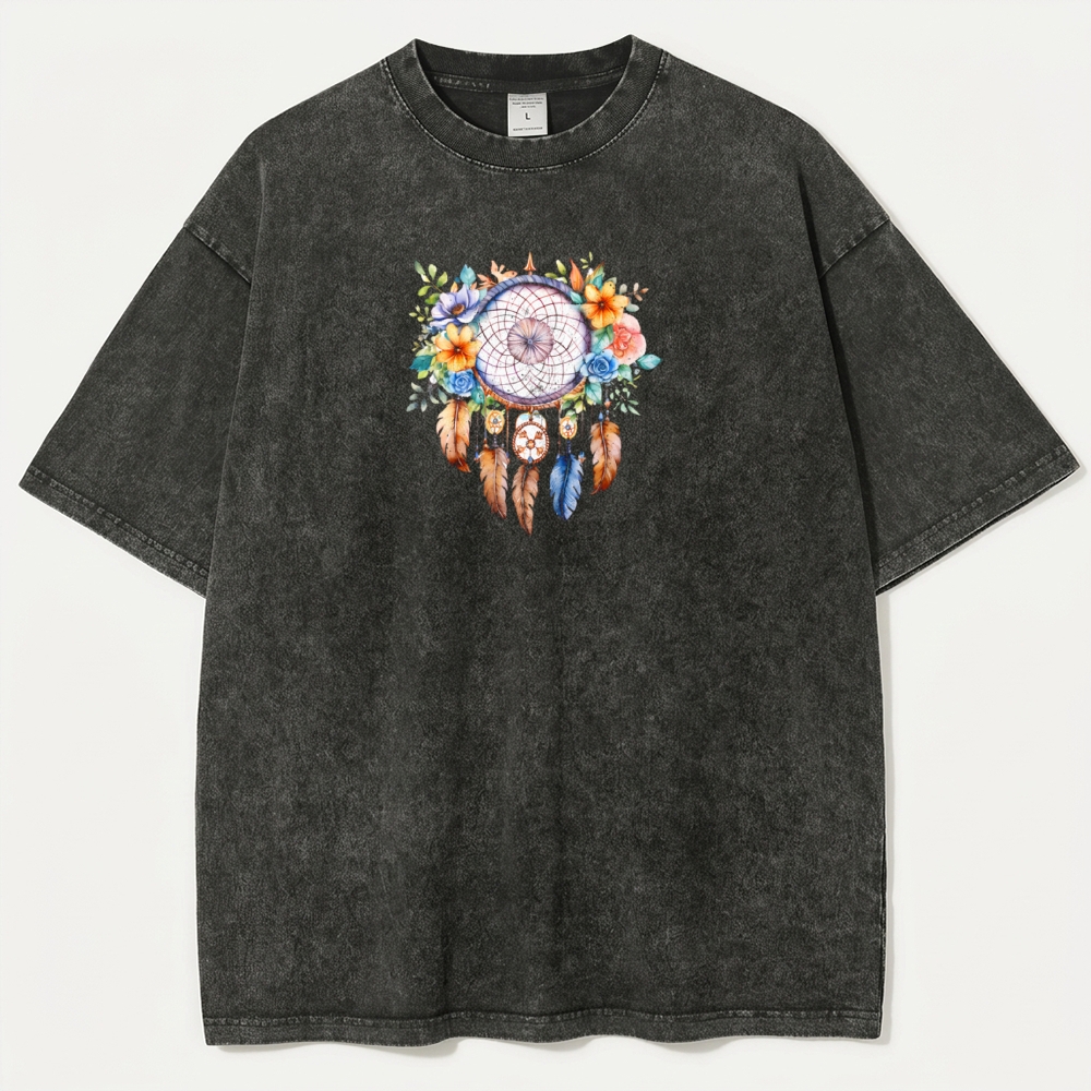 Dreamcatcher Feathers Vintage Organic Cotton Flowers Tee-HikeVista