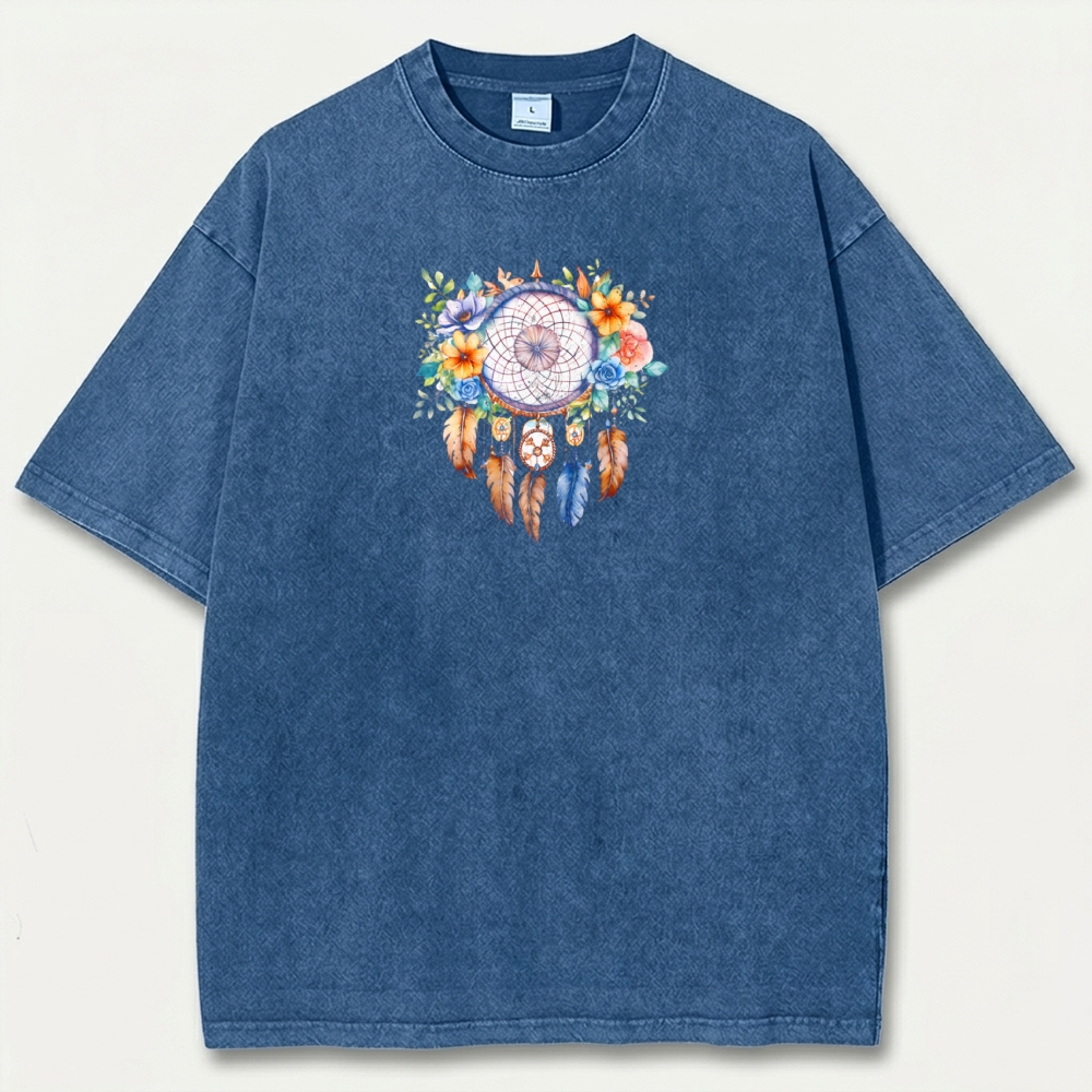 Dreamcatcher Feathers Vintage Organic Cotton Flowers Tee-HikeVista