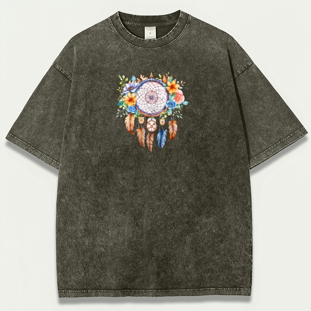 Dreamcatcher Feathers Vintage Organic Cotton Flowers Tee-HikeVista