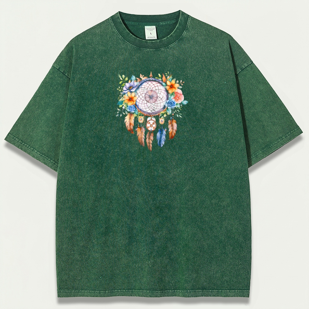 Dreamcatcher Feathers Vintage Organic Cotton Flowers Tee-HikeVista