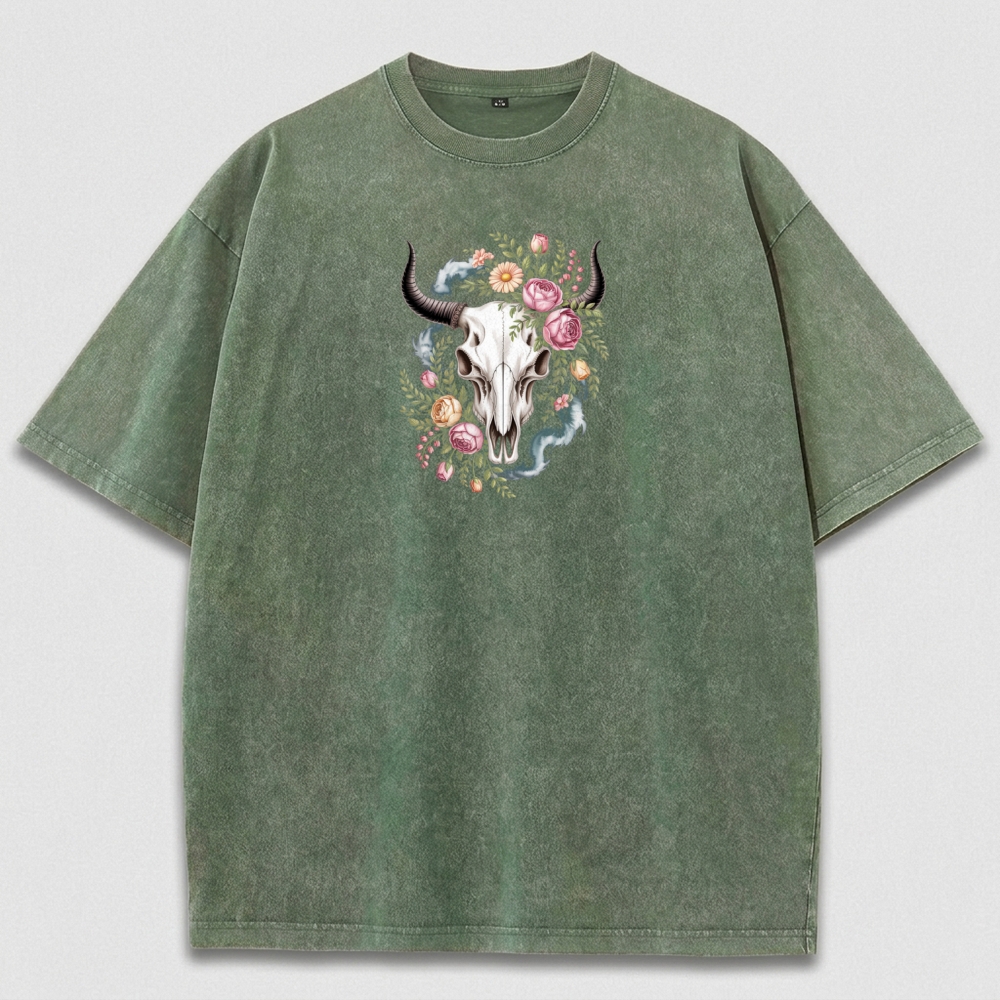 Bull Skull Wildflowers Vintage Organic Cotton Trail Tee-HikeVista