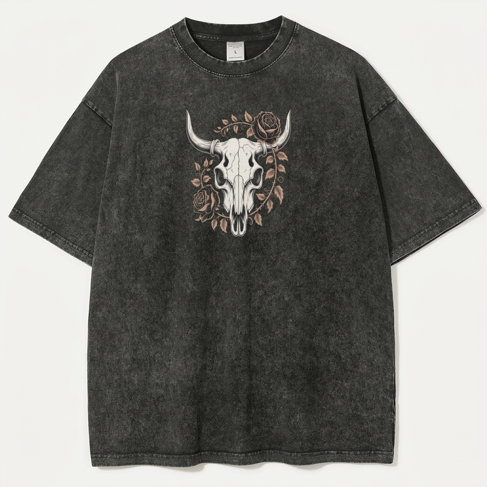 Bull Skull Rose Vintage Organic Cotton Hiking Tee-HikeVista