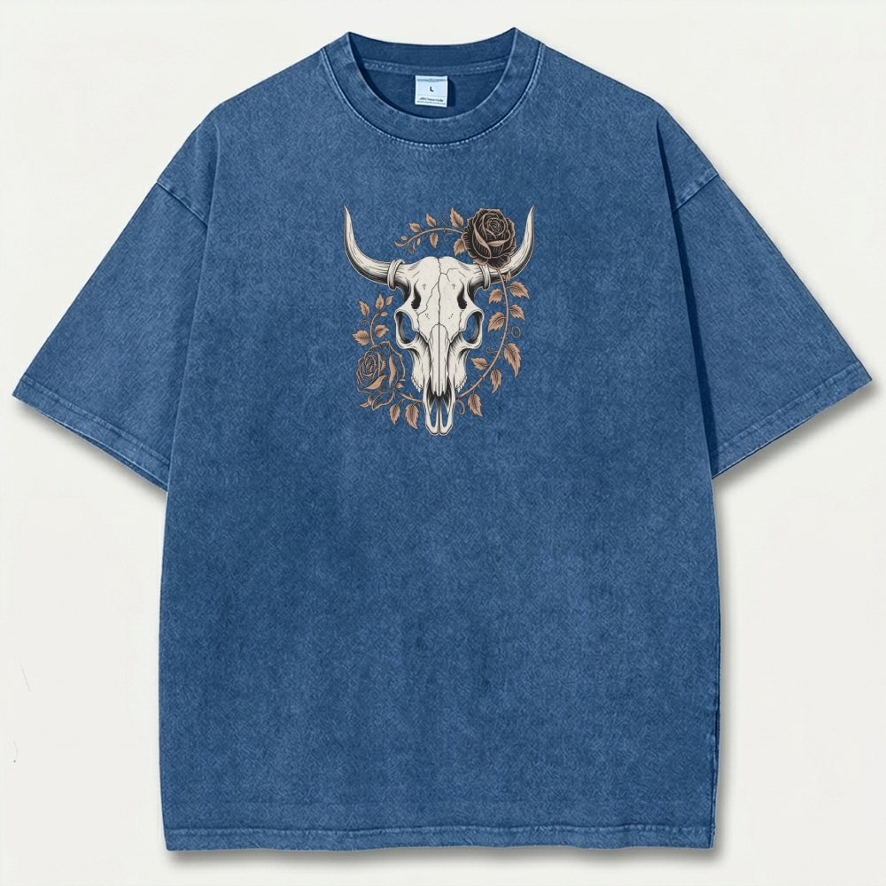 Bull Skull Rose Vintage Organic Cotton Hiking Tee-HikeVista