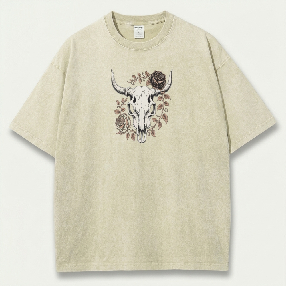 Bull Skull Rose Vintage Organic Cotton Hiking Tee-HikeVista