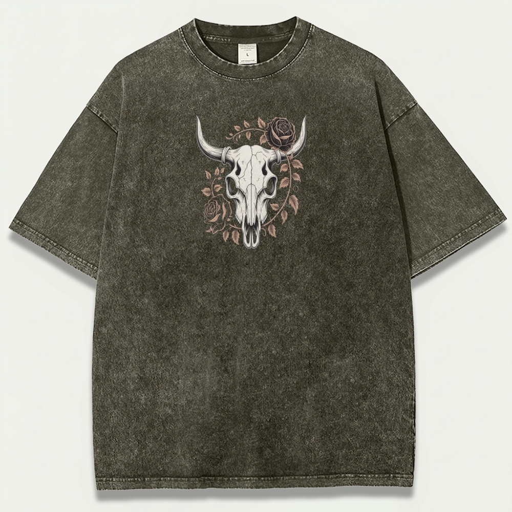 Bull Skull Rose Vintage Organic Cotton Hiking Tee-HikeVista