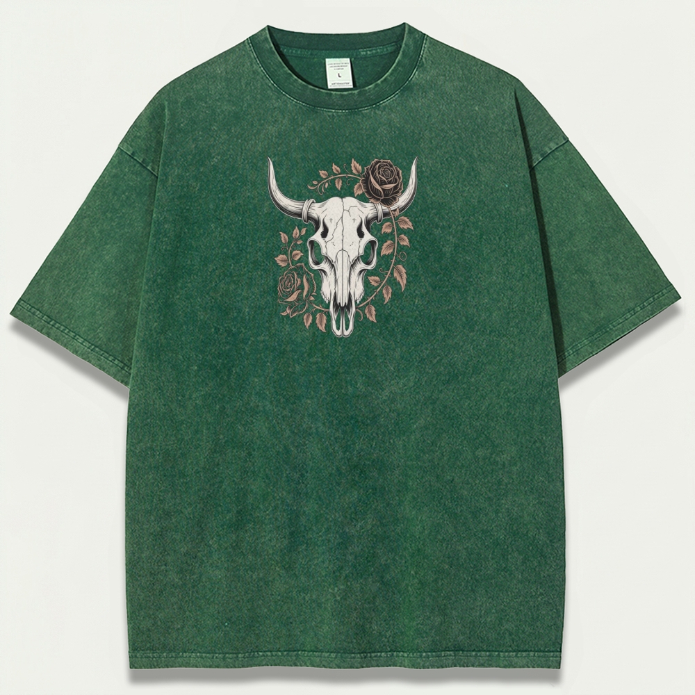 Bull Skull Rose Vintage Organic Cotton Hiking Tee-HikeVista