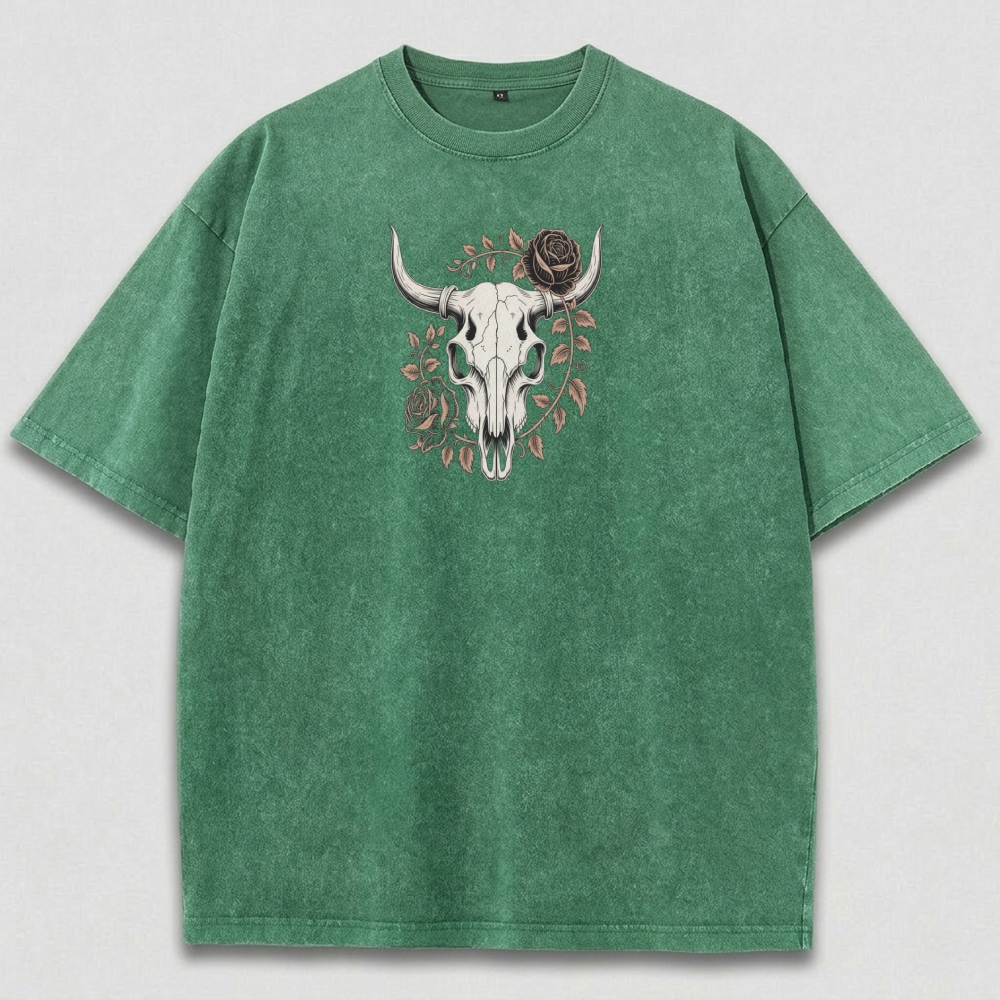 Bull Skull Rose Vintage Organic Cotton Hiking Tee-HikeVista
