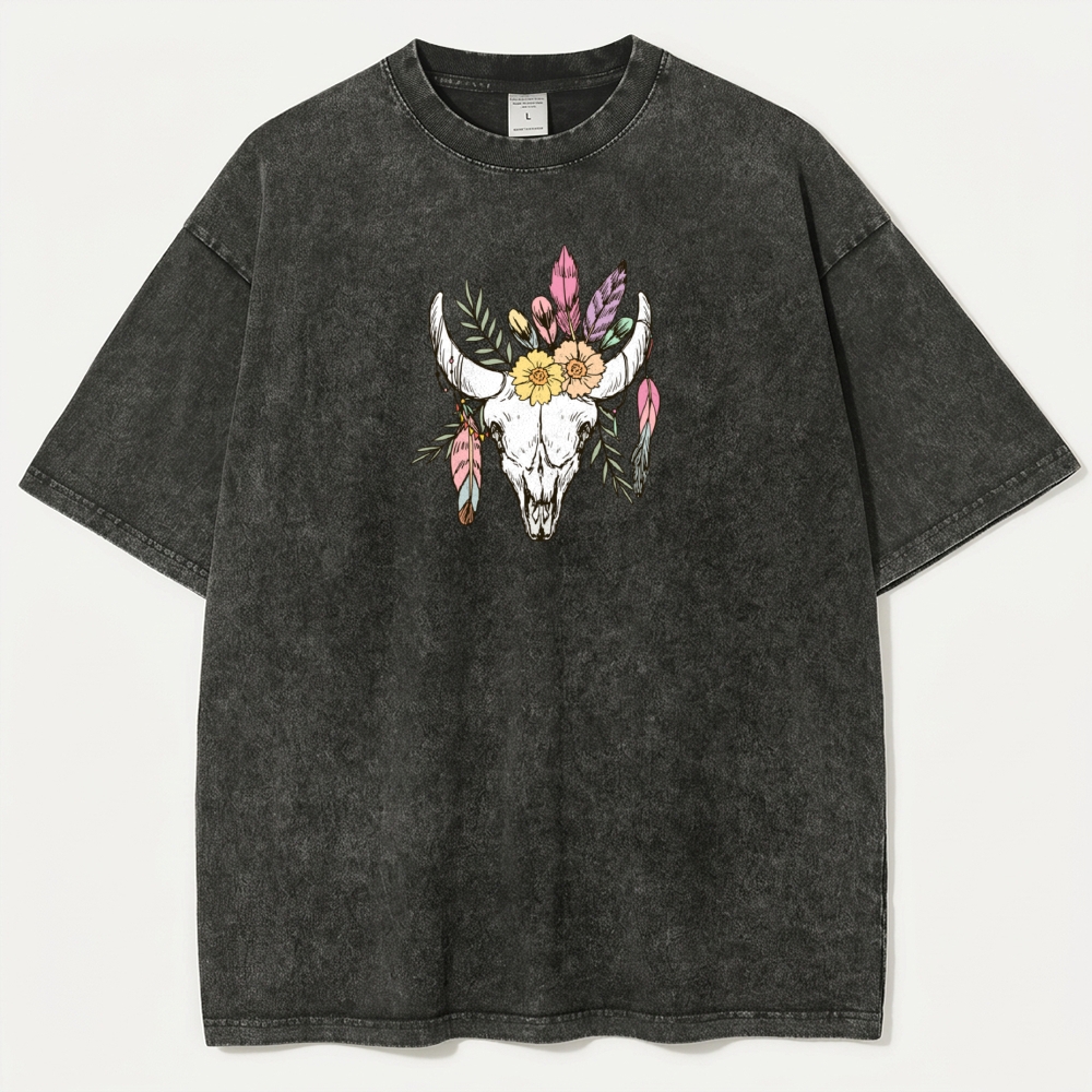 Bull Skull Flowers Vintage Organic Cotton Hiking Tee-HikeVista