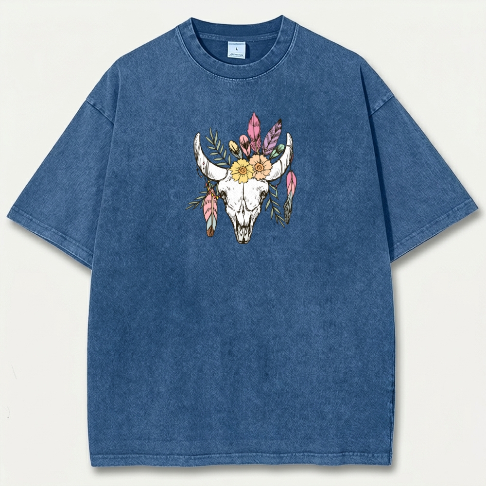 Bull Skull Flowers Vintage Organic Cotton Hiking Tee-HikeVista
