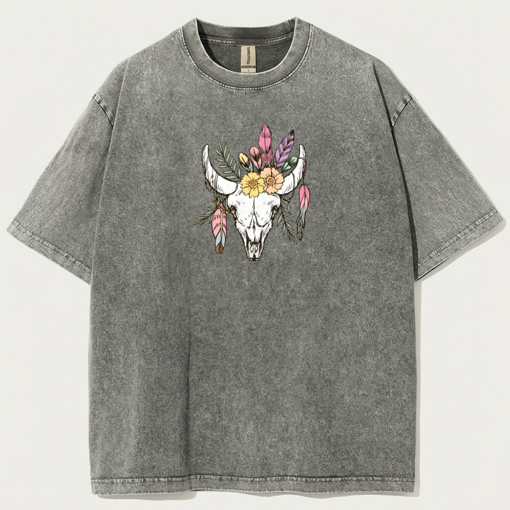 Bull Skull Flowers Vintage Organic Cotton Hiking Tee-HikeVista
