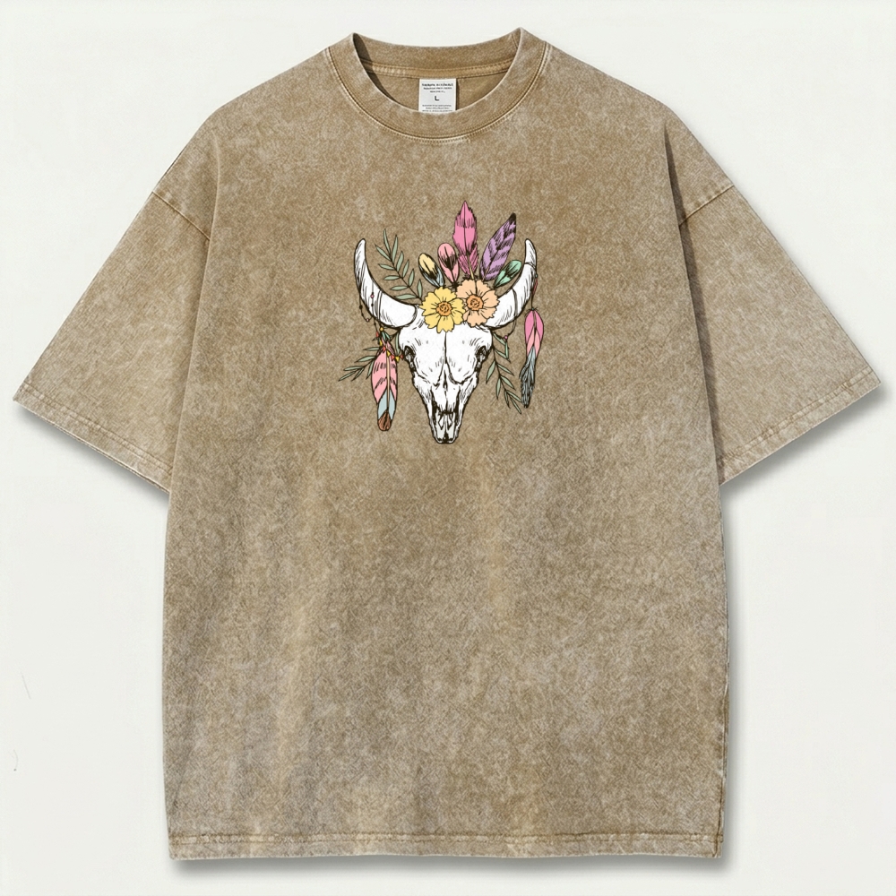 Bull Skull Flowers Vintage Organic Cotton Hiking Tee-HikeVista
