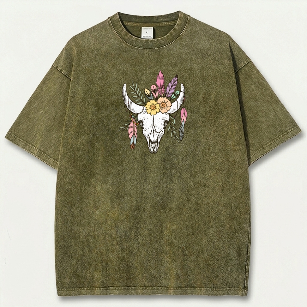Bull Skull Flowers Vintage Organic Cotton Hiking Tee-HikeVista