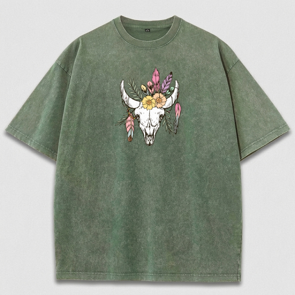 Bull Skull Flowers Vintage Organic Cotton Hiking Tee-HikeVista