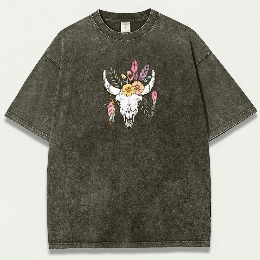 Bull Skull Flowers Vintage Organic Cotton Hiking Tee-HikeVista