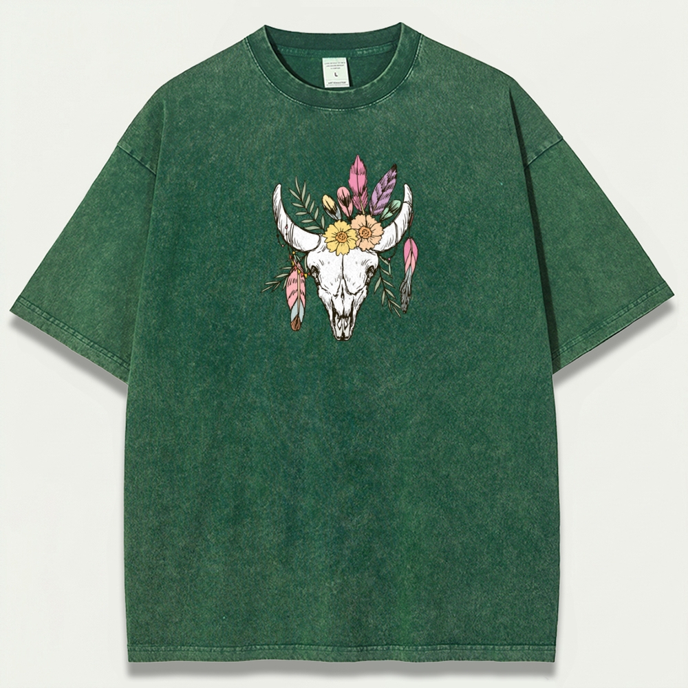 Bull Skull Flowers Vintage Organic Cotton Hiking Tee-HikeVista