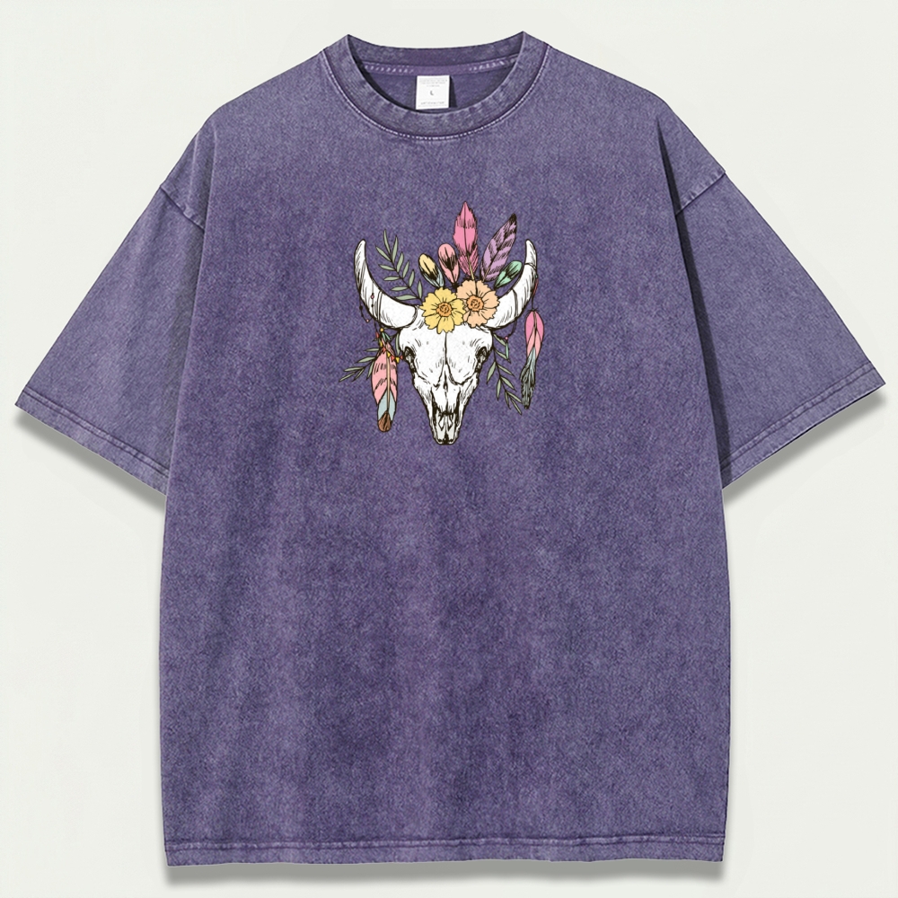 Bull Skull Flowers Vintage Organic Cotton Hiking Tee-HikeVista