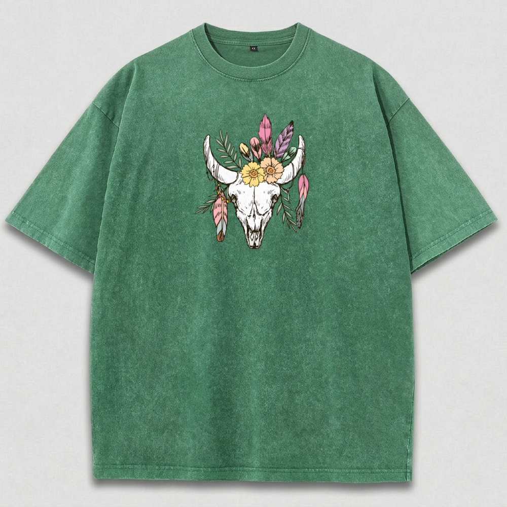Bull Skull Flowers Vintage Organic Cotton Hiking Tee-HikeVista