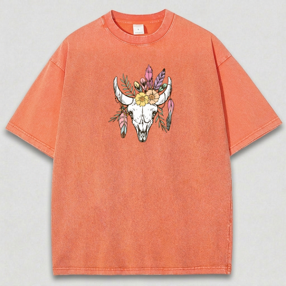 Bull Skull Flowers Vintage Organic Cotton Hiking Tee-HikeVista