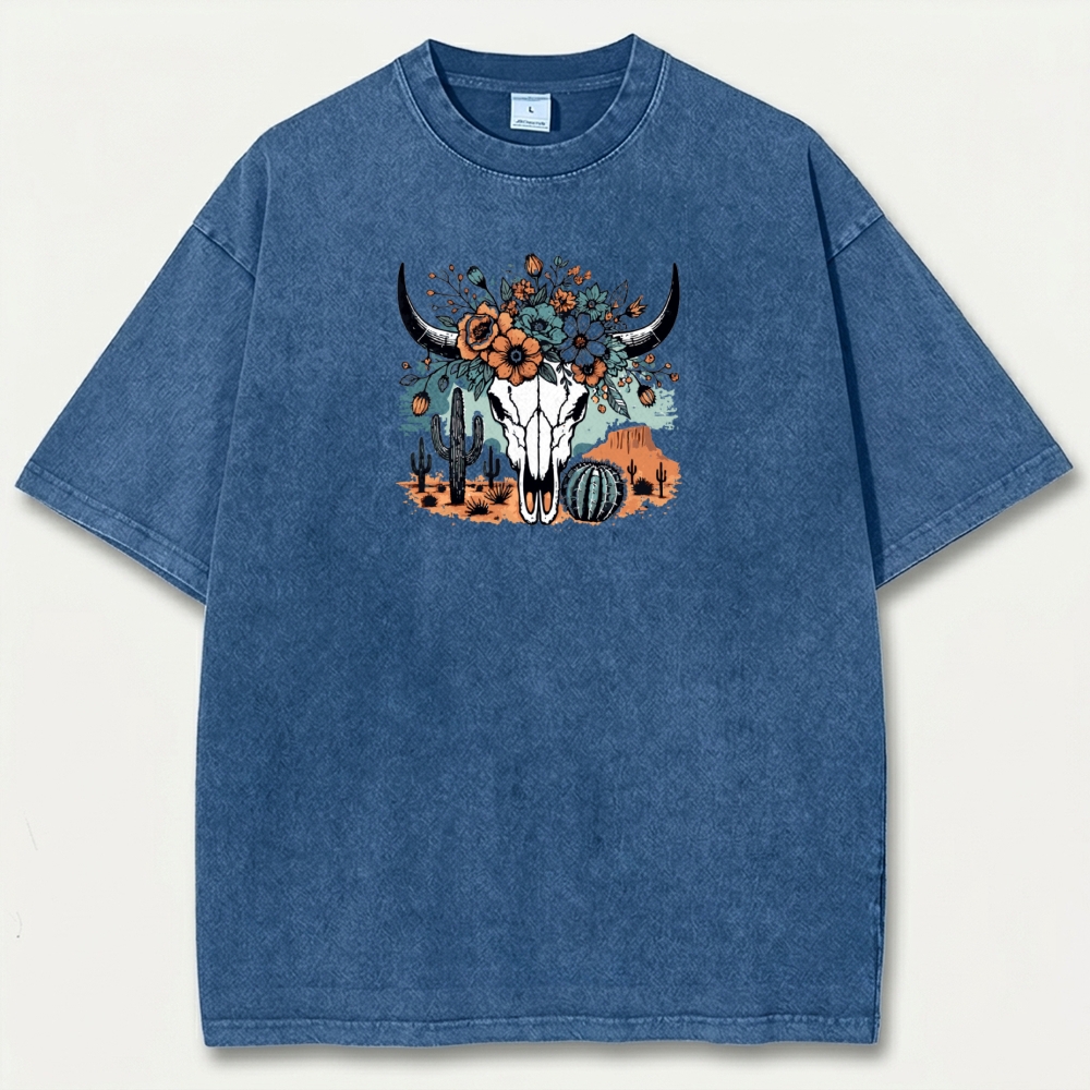 Bull Skull Flowers Vintage Organic Cotton Hiking Tee-HikeVista