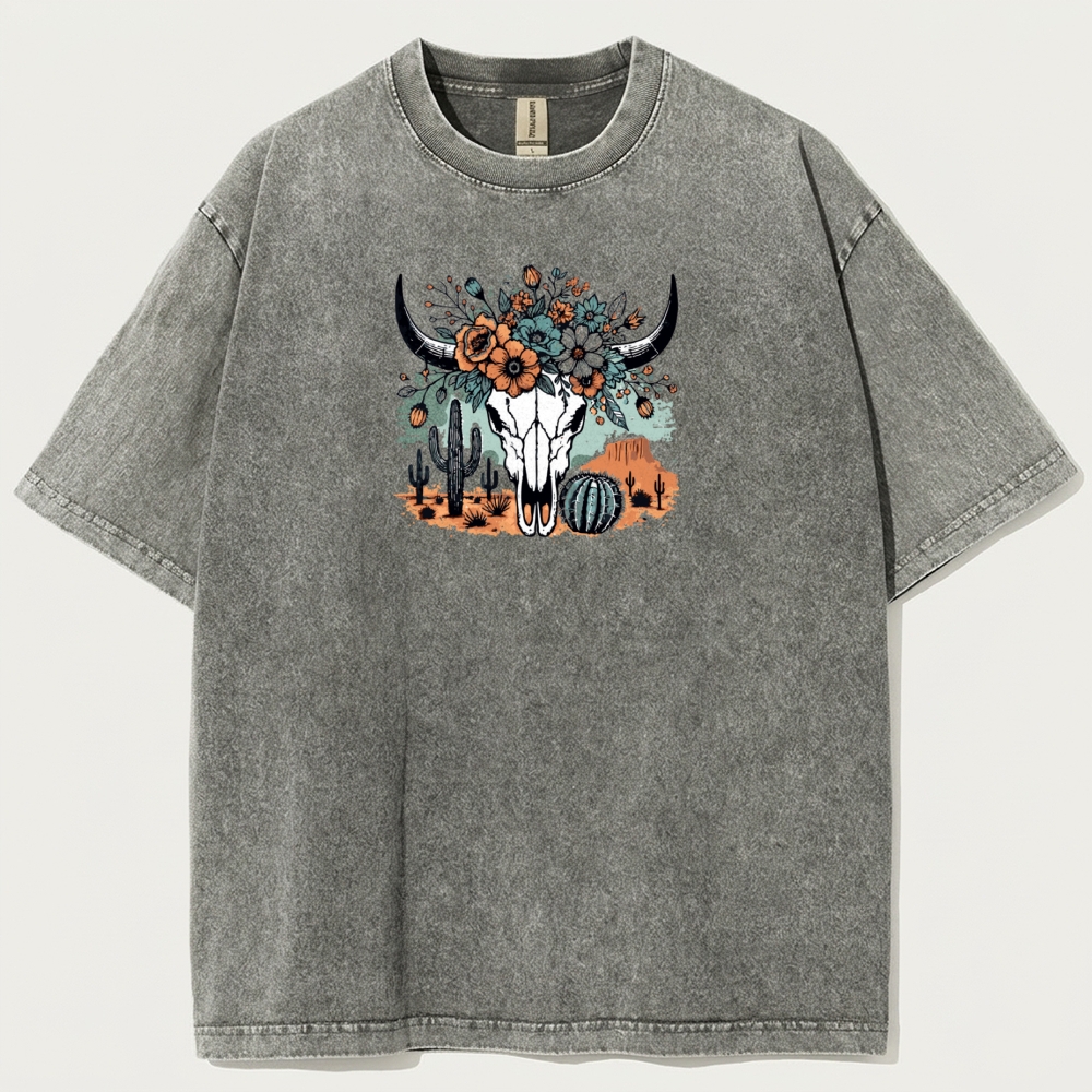 Bull Skull Flowers Vintage Organic Cotton Hiking Tee-HikeVista