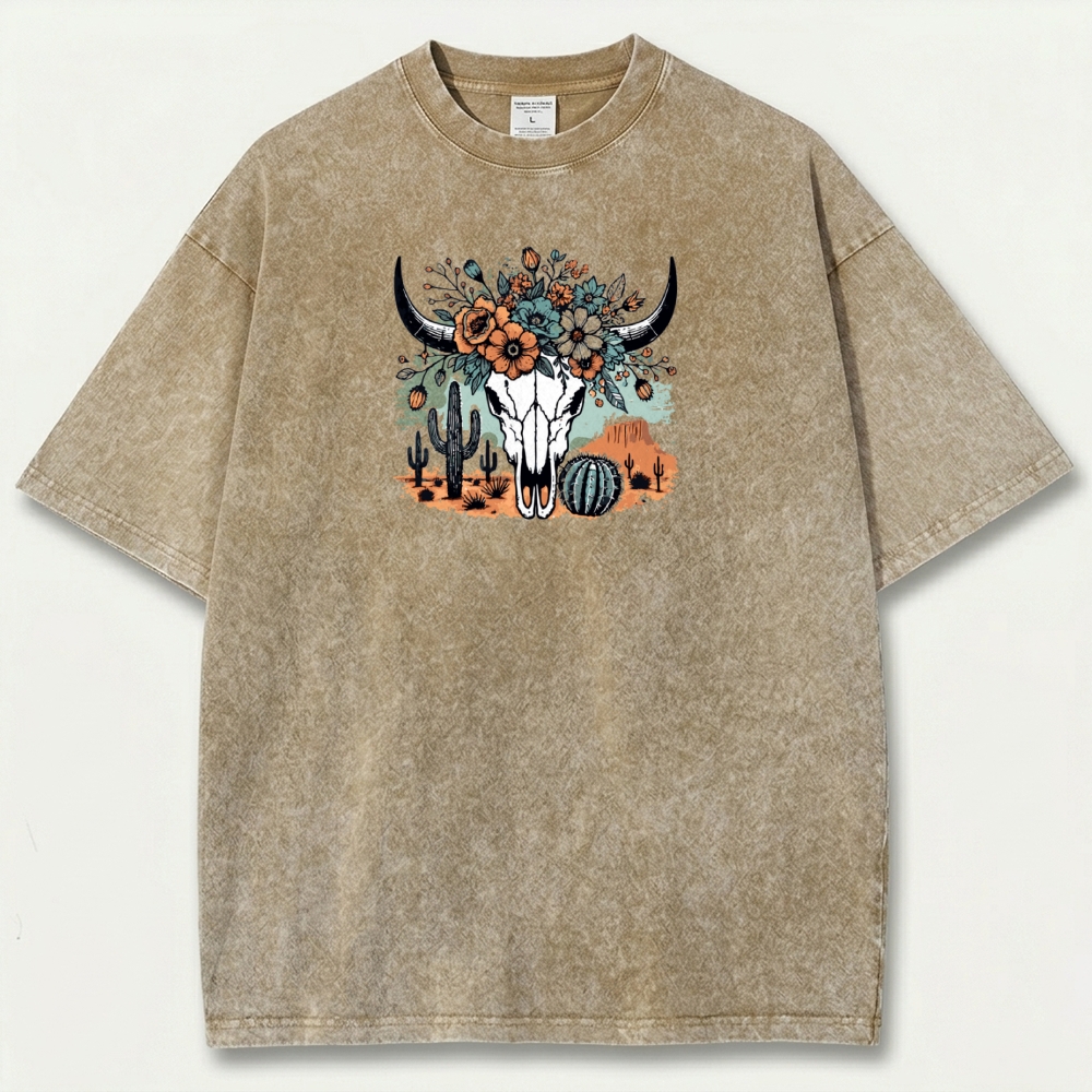 Bull Skull Flowers Vintage Organic Cotton Hiking Tee-HikeVista