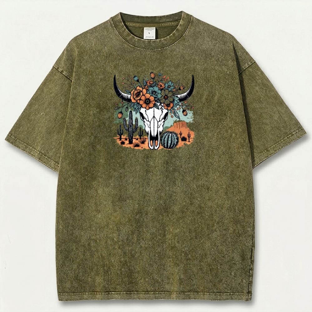 Bull Skull Flowers Vintage Organic Cotton Hiking Tee-HikeVista