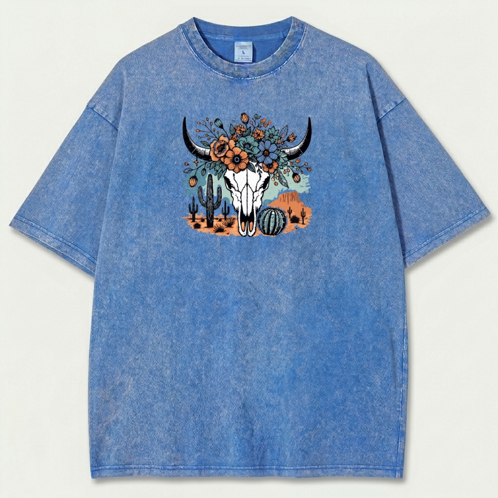 Bull Skull Flowers Vintage Organic Cotton Hiking Tee-HikeVista